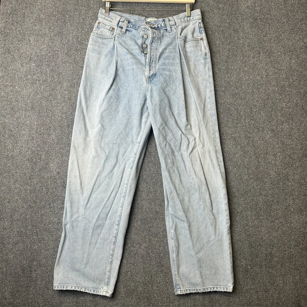 AGOLDE Fold Waistband Jean Womens 32 Blue Pleated Baggy Straight Leg Denim